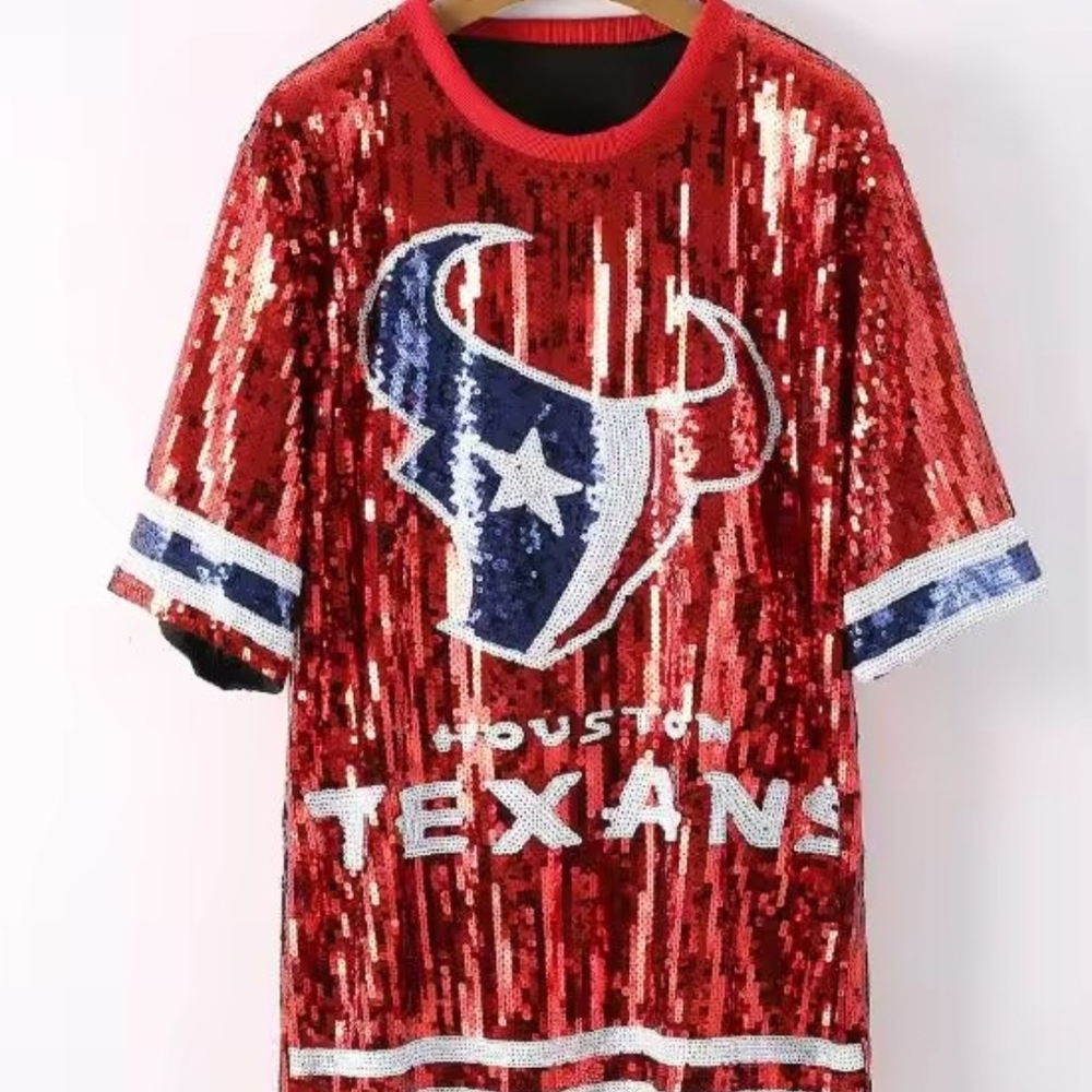Houston Texans Ladies Sequin Red Short-Sleeve Top